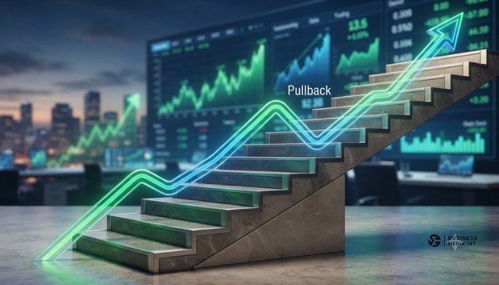 Staircase metaphor illustrating stock market pullback and continuation trend