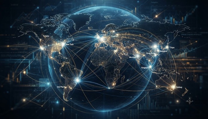 Global map connected with digital nodes, representing worldwide market exposure through international ETFs like VXUS and VT. Global map connected with digital nodes, representing worldwide market exposure through international ETFs like VXUS and VT.