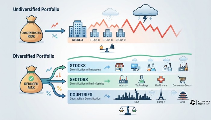 Infographic illustrating how portfolio diversification spreads financial risk across different stocks, sectors, and countries. Infographic illustrating how portfolio diversification spreads financial risk across different stocks, sectors, and countries.