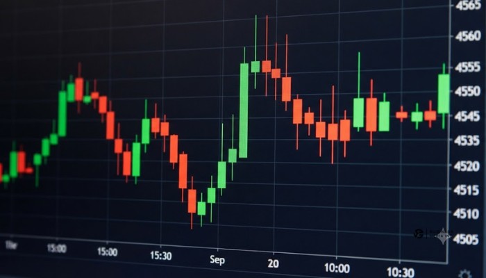 Close-up view of green and red candlestick patterns on a stock chart
