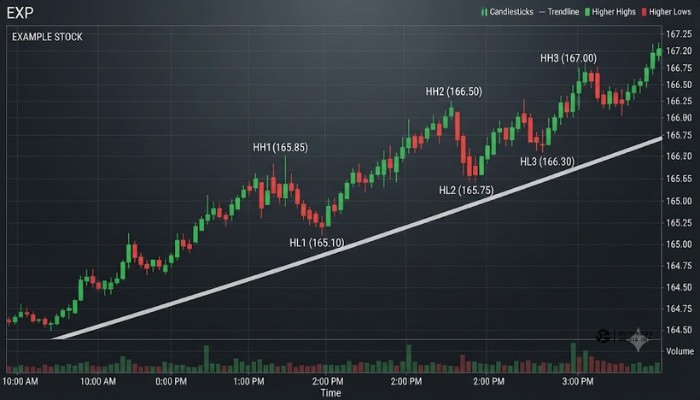 Stock chart example showing higher highs and higher lows in an uptrend