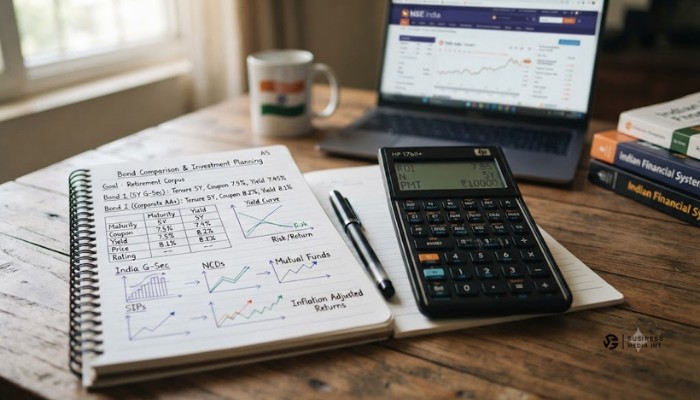 Financial calculator and notebook showing bond comparison and investment planning in India Financial calculator and notebook showing bond comparison and investment planning in India
