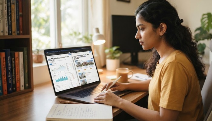 Person researching Indian REITs and fractional ownership platforms on a laptop Person researching Indian REITs and fractional ownership platforms on a laptop