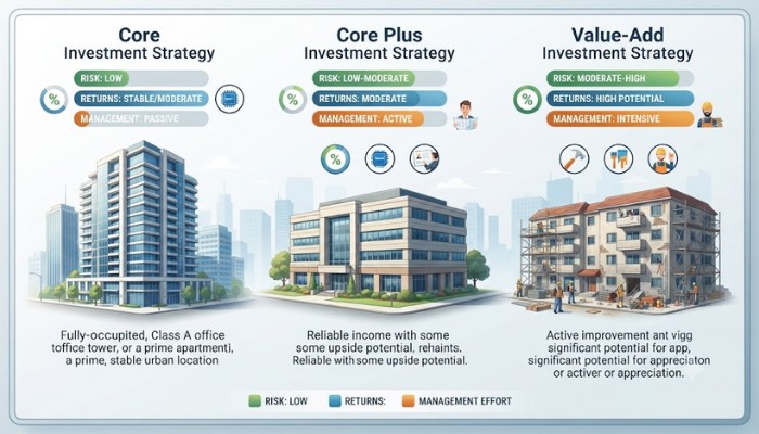 Comparison of real estate investment strategies including core, core plus, and value-add properties Comparison of real estate investment strategies including core, core plus, and value-add properties