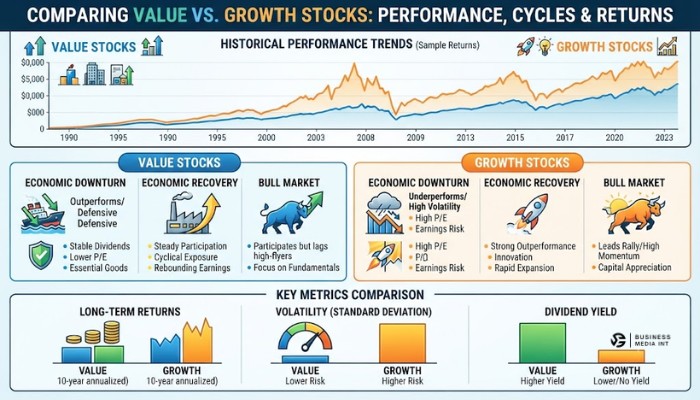 Infographic comparing historical performance, market cycles, and returns of value versus growth stocks Infographic comparing historical performance, market cycles, and returns of value versus growth stocks