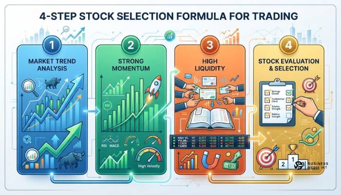 Infographic showing the 4-step stock selection formula for trading including liquidity, momentum, and trend. Infographic showing the 4-step stock selection formula for trading including liquidity, momentum, and trend.