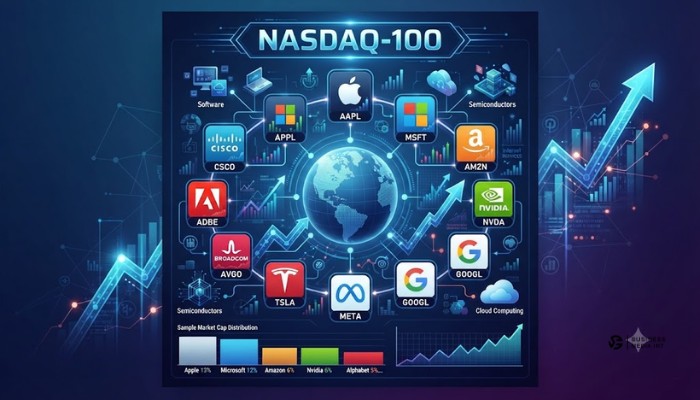 Infographic representing the Nasdaq-100 index focusing on major US technology companies Infographic representing the Nasdaq-100 index focusing on major US technology companies