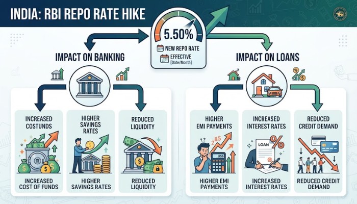 Infographic showing RBI repo rate hike to 5.50 percent and its impact on banking and loans