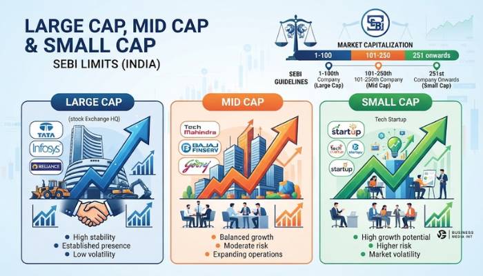 Large cap mid cap and small cap categories in Indian stock market with SEBI limits