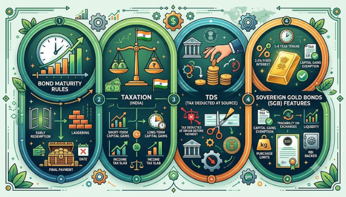 Visual summary of bond maturity rules, taxation, TDS, and Sovereign Gold Bond features in India.