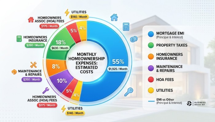 Pie chart comparing monthly mortgage EMI with total real homeownership expenses.