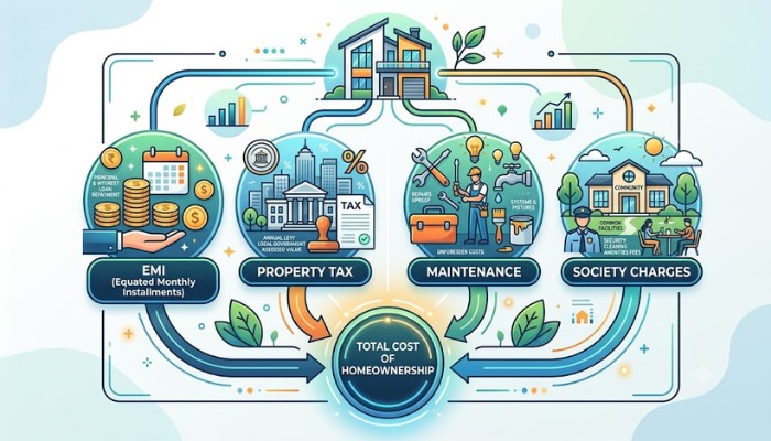 Infographic illustrating total cost of homeownership including EMI, property tax, maintenance, and society charges.