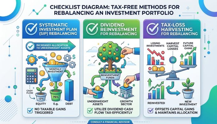 Checklist diagram explaining tax-free methods to rebalance an investment portfolio using SIPs, dividends, and loss harvesting. Checklist diagram explaining tax-free methods to rebalance an investment portfolio using SIPs, dividends, and loss harvesting.