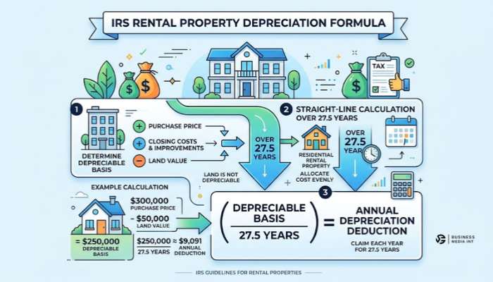 Infographic illustrating the IRS rental property depreciation formula using a 27.5 year straight line calculation Infographic illustrating the IRS rental property depreciation formula using a 27.5 year straight line calculation