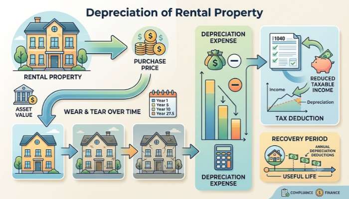 Infographic illustrating the IRS rental property depreciation formula using a 27.5 year straight line calculation Infographic illustrating the IRS rental property depreciation formula using a 27.5 year straight line calculation